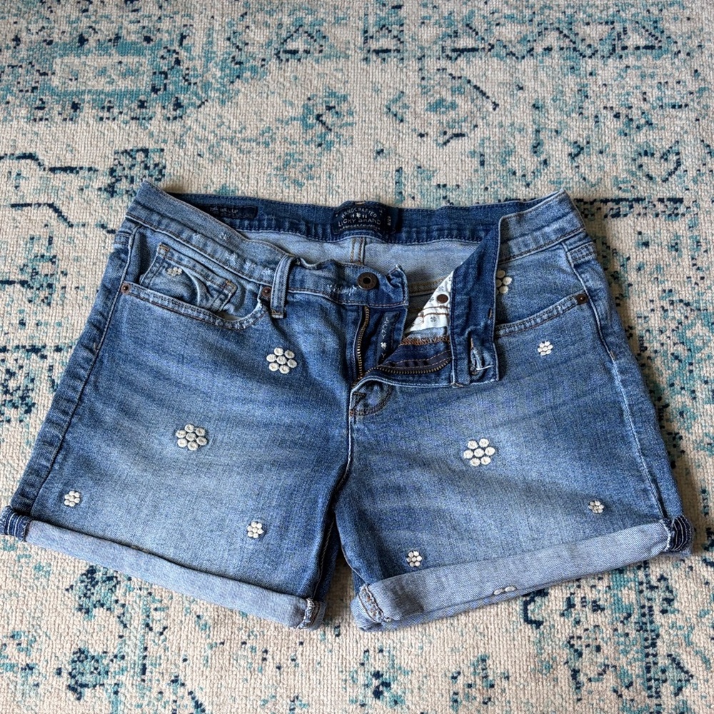 Lucky Brand Light Blue Denim Shorts with Floral Embroidered Detail